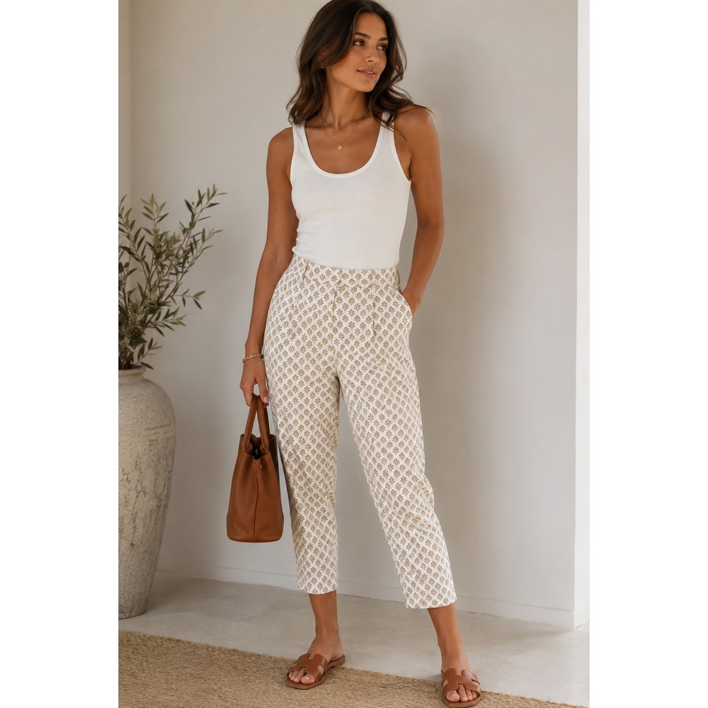 Talbots Womens Tan White Geometric Fan Print Stretch Cotton Crop Pants Size 12